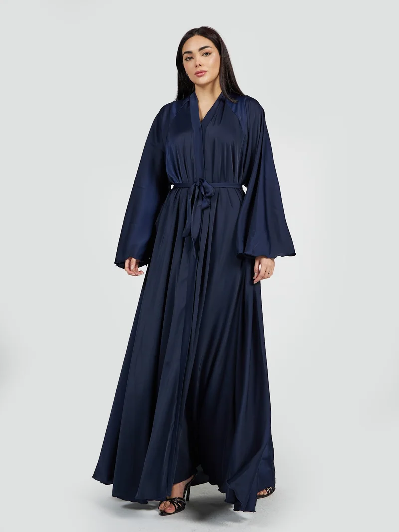 Reem Abayas Royal Navy Blue Satin Abaya - Elegant Belted Evening Wrap Gown