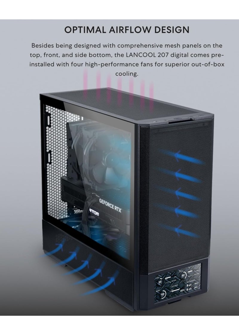 ليان لي صندوق كمبيوتر ايه تي اكس رقمي 207 من لانكول مع شاشة LCD مدمجة، لوحة شبكية مركزية مع 2 مراوح بي دبليو ام 140 × 40 × 30 ملم، مراوح 2 × 140 ملم مثبتة مسبقا، وحدة امداد طاقة جانبية او خلفية - Image 4