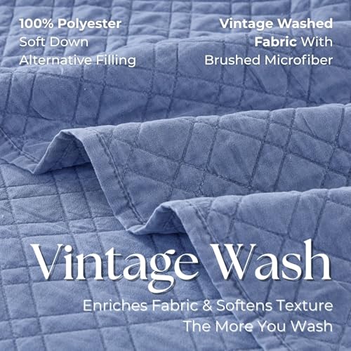 DOWN HOME King Quilt Set with Shams Lightweight Quilted Bedspread Coverlet Thin Comforter Bed Cover Vintage Washed Quilted Blanket for All Season, Brushed Microfiber Diamond Stitching, Blue, 104"x92" - Image 4