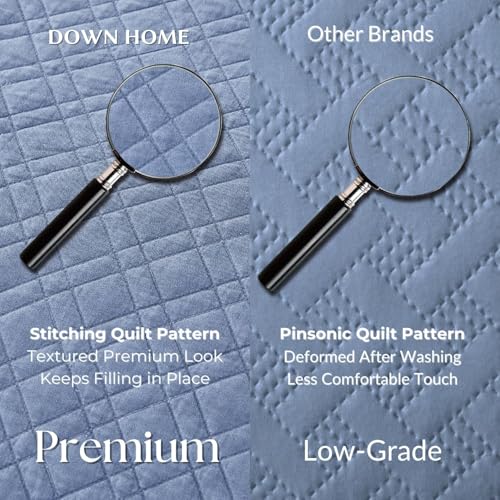 DOWN HOME King Quilt Set with Shams Lightweight Quilted Bedspread Coverlet Thin Comforter Bed Cover Vintage Washed Quilted Blanket for All Season, Brushed Microfiber Diamond Stitching, Blue, 104"x92" - Image 3