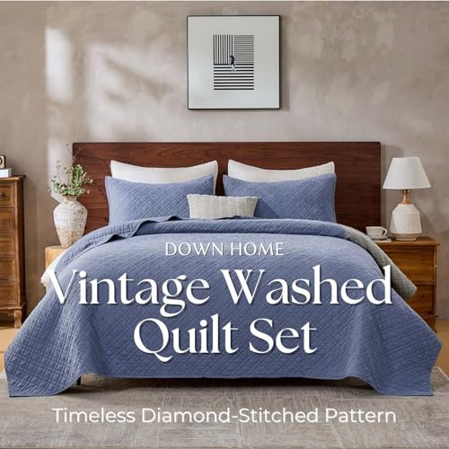 DOWN HOME King Quilt Set with Shams Lightweight Quilted Bedspread Coverlet Thin Comforter Bed Cover Vintage Washed Quilted Blanket for All Season, Brushed Microfiber Diamond Stitching, Blue, 104"x92" - Image 2