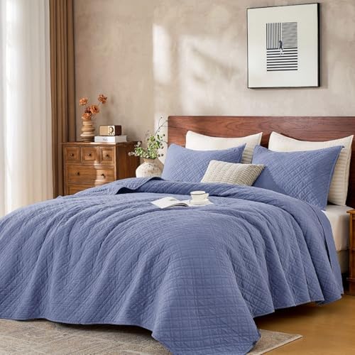 DOWN HOME King Quilt Set with Shams Lightweight Quilted Bedspread Coverlet Thin Comforter Bed Cover Vintage Washed Quilted Blanket for All Season, Brushed Microfiber Diamond Stitching, Blue, 104"x92" - Image 1