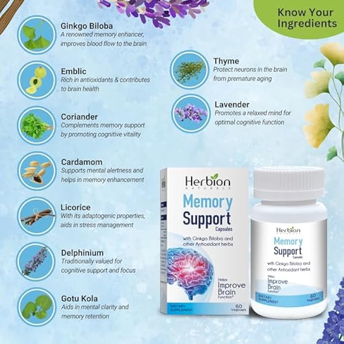 HERBION Naturals Memory Support Capsules, Helps Improve Brain Function & Absent Mindedness, Maintains Healthy Mood Levels with Ginkgo Biloba, for Adults, 60 Count, Pack of 1 - Image 3