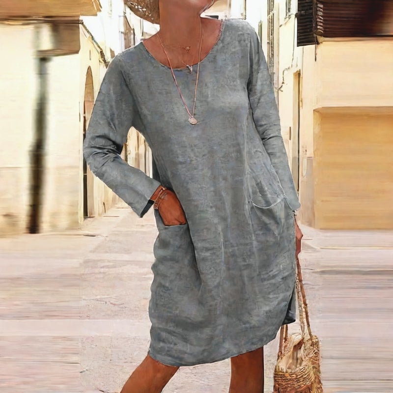 Plus Size Long Sleeve Round Neck Cotton Linen Pocket Dress - Image 4