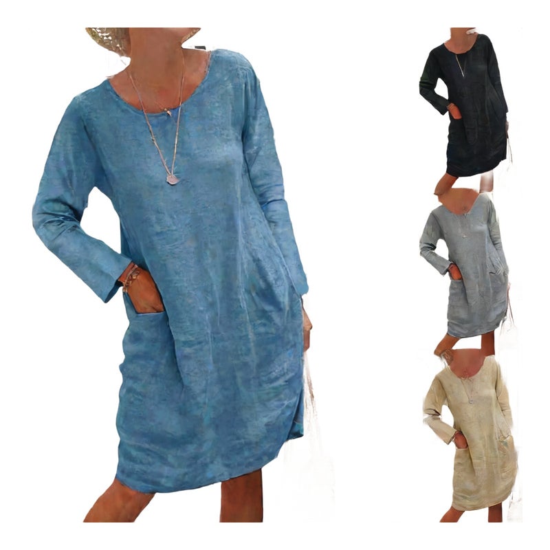 Plus Size Long Sleeve Round Neck Cotton Linen Pocket Dress - Image 1