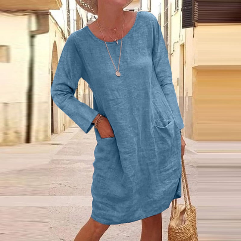 Plus Size Long Sleeve Round Neck Cotton Linen Pocket Dress - Image 2