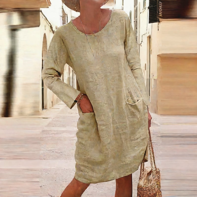 Plus Size Long Sleeve Round Neck Cotton Linen Pocket Dress - Image 3