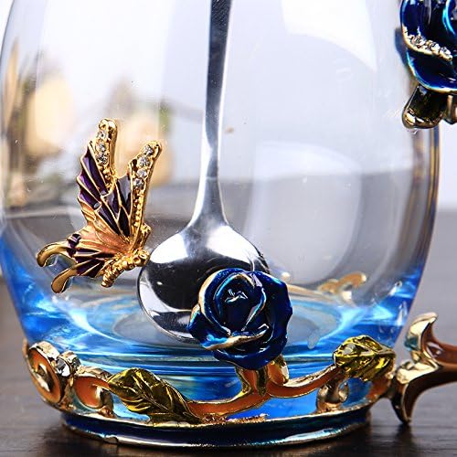 Bestbling Creative Handmade Enamel Home Decration Enamel Flower Crystal Glass Coffee Tea Water Cup 37CL Rose Blue - Image 4