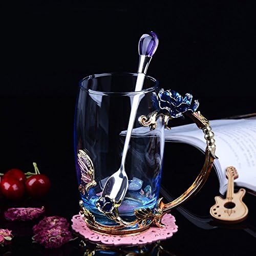 Bestbling Creative Handmade Enamel Home Decration Enamel Flower Crystal Glass Coffee Tea Water Cup 37CL Rose Blue - Image 2