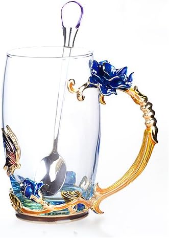 Bestbling Creative Handmade Enamel Home Decration Enamel Flower Crystal Glass Coffee Tea Water Cup 37CL Rose Blue - Image 1