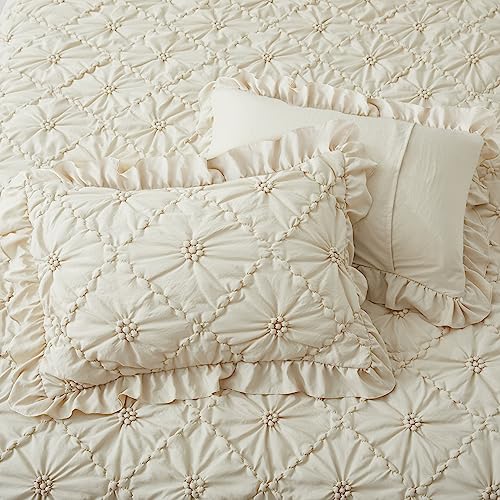 BEDAZZLED Queen Size Comforter Sets, Beige Bedding Comforter Set, 3 Pieces Pinch Pleat Bedding Sets with Comforter and Pillowcases Soft Farmhouse Shabby Chic Comforter for All Season - Image 4