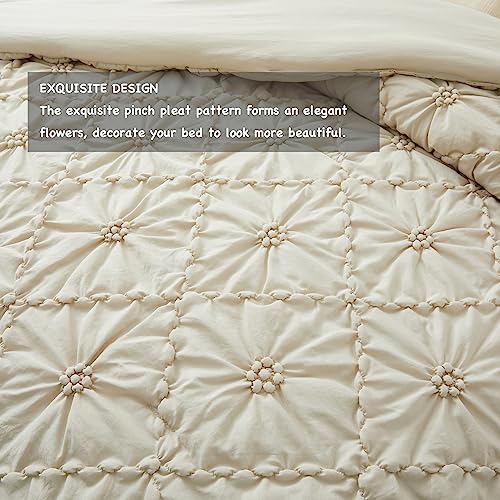 BEDAZZLED Queen Size Comforter Sets, Beige Bedding Comforter Set, 3 Pieces Pinch Pleat Bedding Sets with Comforter and Pillowcases Soft Farmhouse Shabby Chic Comforter for All Season - Image 3