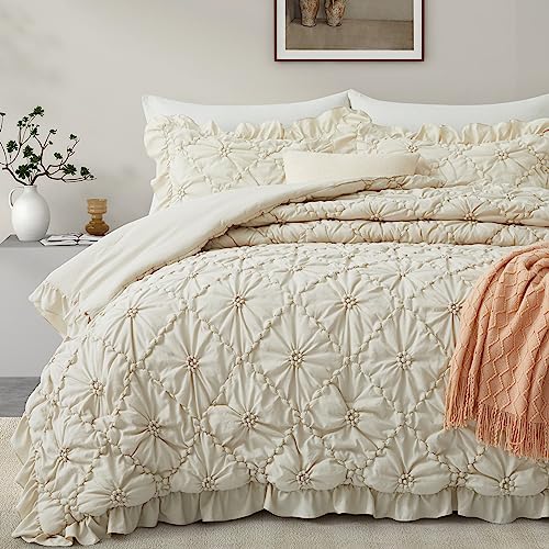BEDAZZLED Queen Size Comforter Sets, Beige Bedding Comforter Set, 3 Pieces Pinch Pleat Bedding Sets with Comforter and Pillowcases Soft Farmhouse Shabby Chic Comforter for All Season - Image 1
