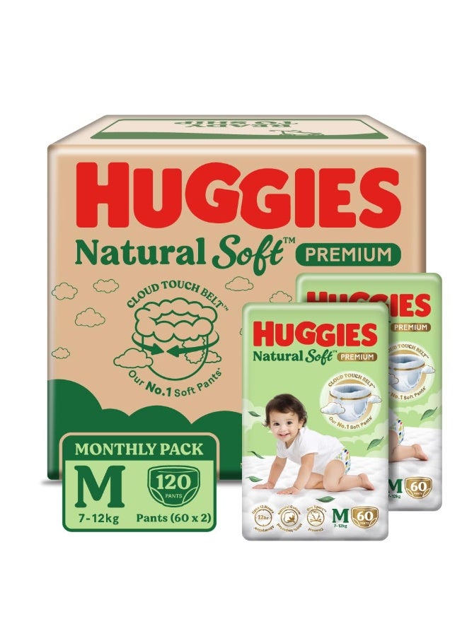 Huggies Natural Soft Premium Baby Diaper Pants, Our No.1 Soft Pants, Medium (M) Size (7-12 Kgs), Monthly Pack of 120 diapers | Cloud Softness All over with India's 1st Cloud Touch BeltTM (60 Count, Pack of 2) - Image 1
