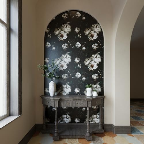 Laatse Dark Wallpapr Peel and Stick Boho Wallpaper 17.5in x 393in Black Floral Contact Paper Waterproof Self Adhesive Vintage Large Floral Wall Paper for Bedroom Walls Cabinet Decor - Image 2
