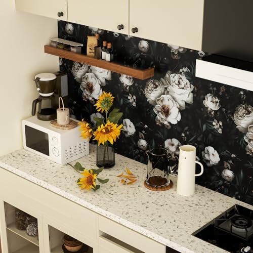 Laatse Dark Wallpapr Peel and Stick Boho Wallpaper 17.5in x 393in Black Floral Contact Paper Waterproof Self Adhesive Vintage Large Floral Wall Paper for Bedroom Walls Cabinet Decor - Image 3