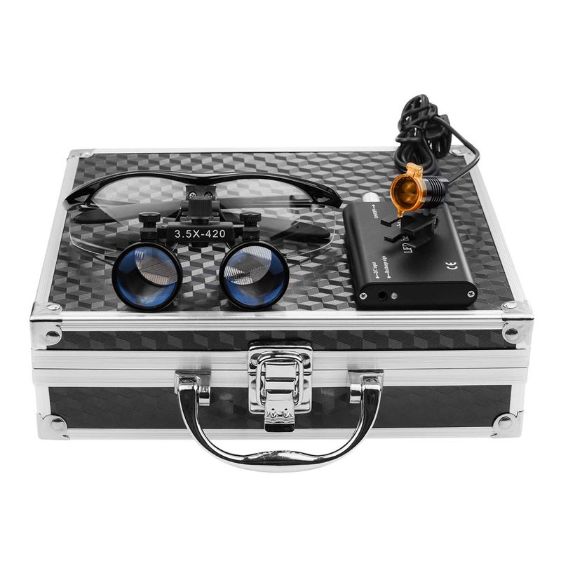 EAST Brand Black Color 3.5x420mm Medical Binocular Loupes with Aluminum Box+W LED Insert Type Headlight with Filter Insert Type - Image 1