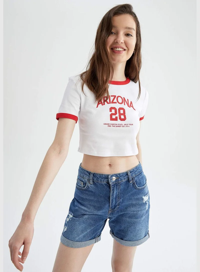 DeFacto Fitted Short Sleeve Slogan Print Crop Top