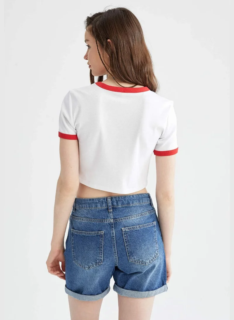 DeFacto Fitted Short Sleeve Slogan Print Crop Top
