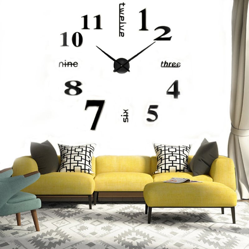 CUGBO DIY Wall Clock Modern Large 3D Wall Clock Mirror Stickers Home Office Decor,Black - Image 1