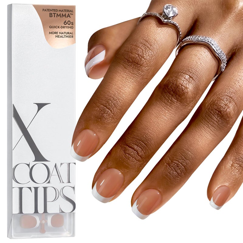 BTArtboxnails French Gel Nail Tips - XCOATTIPS Brown Extra Short Square French Tip Press on Nails Pre-applied Tip Primer & Base Coat, No Need to File Fake Nails Nail Art DIY - Image 1