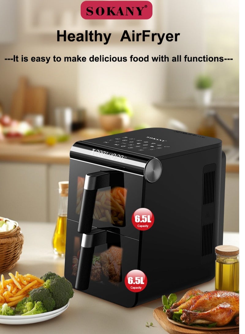 سوكاني مقلاة هوائية مزدوجة الطبقات، بقوة 3400 وات، مع 12 ضبطًا مسبقًا، وسعة 6.5 لتر + 6.5 لتر، وشاشة عرض معلومات ولوحة لمس، ومؤقت يصل إلى 60 دقيقة، وتردد 50-60 هرتز، ووظيفة طهي متعددة - Image 1