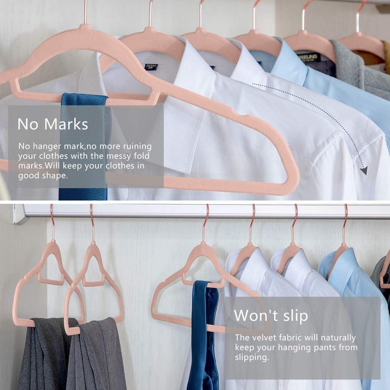 MIZGI Premium Velvet Hangers - Pack of 50 - Blush Pink - Copper/Rose Gold Hooks - Non-Slip Suit Hangers, Clothes Hangers Bonus Accessory Bar for Suits, Pants, Dresses, one size - Image 4