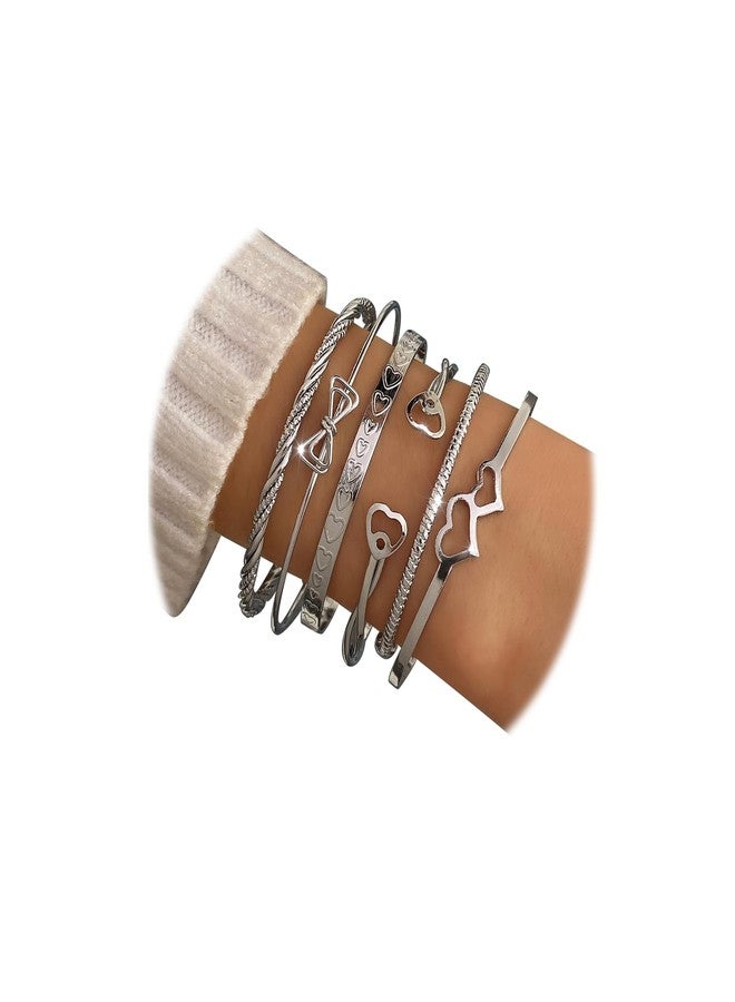 17IF Silver Bangle Bracelet for Women, 14k Multilayer Charm Textured Stackable Bracelets Lightning Bangles Indian Chunky Cuff Fashion Jewelry Gift, open, no gemstone - Image 1