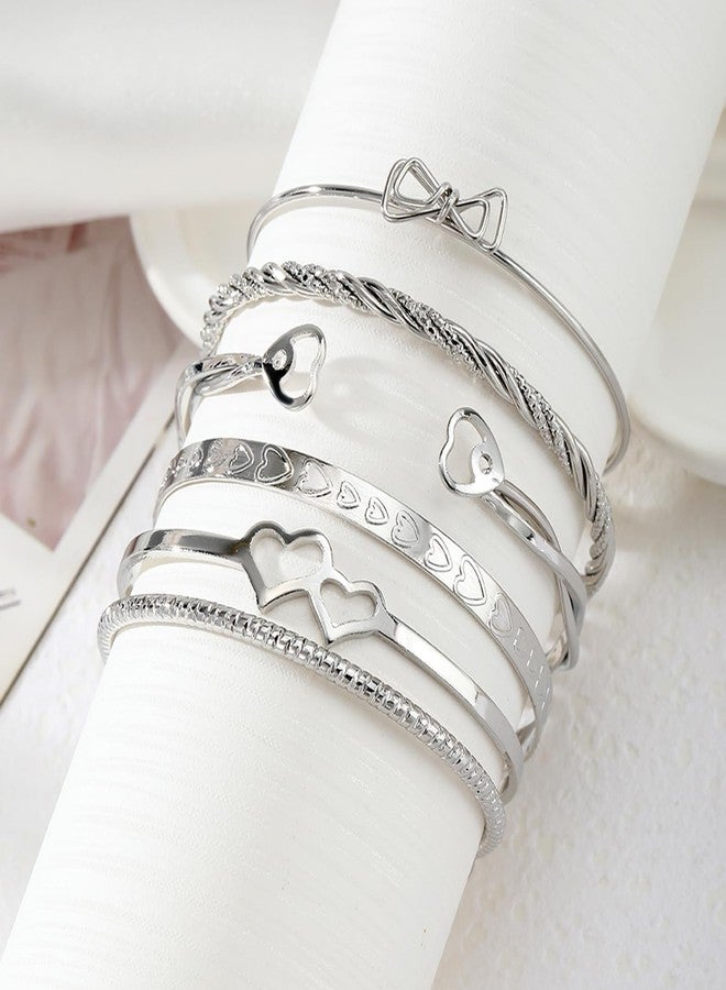 17IF Silver Bangle Bracelet for Women, 14k Multilayer Charm Textured Stackable Bracelets Lightning Bangles Indian Chunky Cuff Fashion Jewelry Gift, open, no gemstone - Image 5