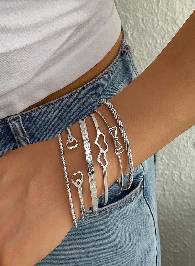 17IF Silver Bangle Bracelet for Women, 14k Multilayer Charm Textured Stackable Bracelets Lightning Bangles Indian Chunky Cuff Fashion Jewelry Gift, open, no gemstone - Image 4