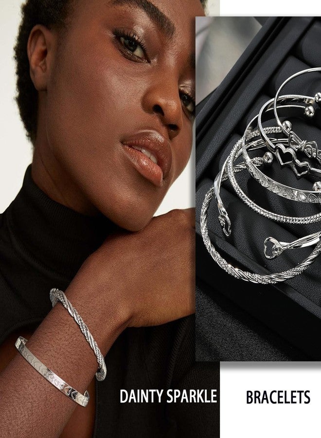 17IF Silver Bangle Bracelet for Women, 14k Multilayer Charm Textured Stackable Bracelets Lightning Bangles Indian Chunky Cuff Fashion Jewelry Gift, open, no gemstone - Image 2