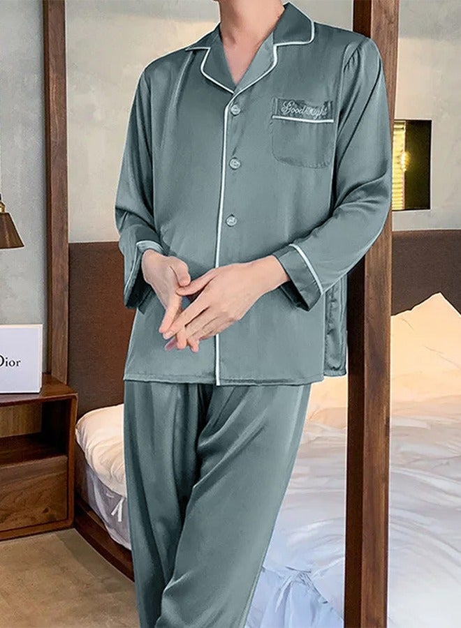 MARGOUN Summer Ice Silk XL Men Pajamas Lace Trim Robe Set Home Service Suit Casual Sleepwear Nightwear Cactus Green - Image 1