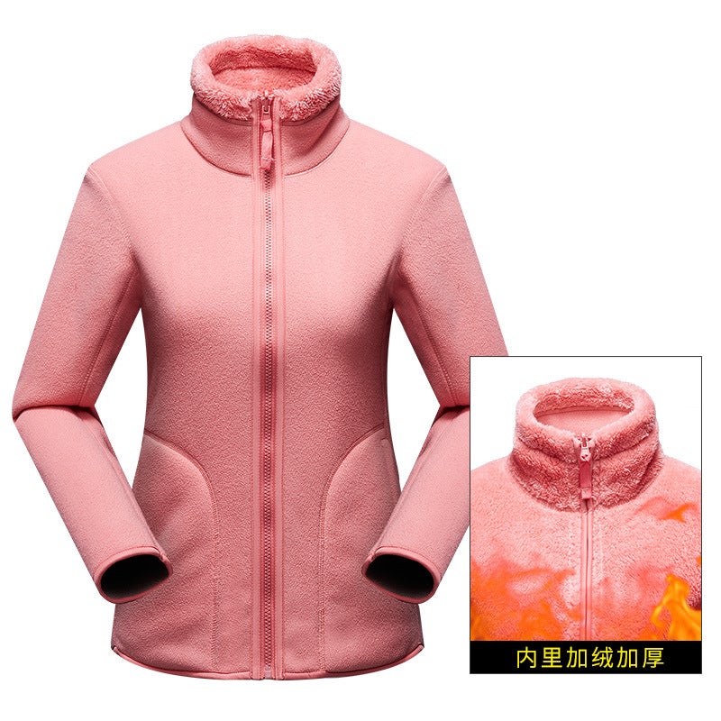 Autumn and winter cardigan couples fleece jacket mens and womens outdoor jacket polar fleece liner double-sided warm jacket Pink + Female - Image 1