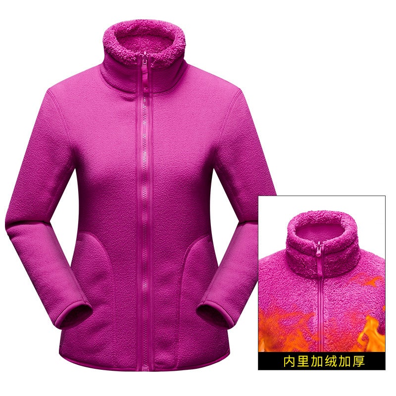 Autumn and winter cardigan couples fleece jacket mens and womens outdoor jacket polar fleece liner double-sided warm jacket Pink + Female - Image 2