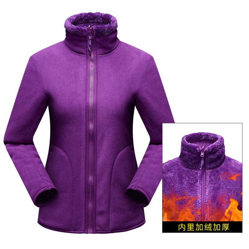 Autumn and winter cardigan couples fleece jacket mens and womens outdoor jacket polar fleece liner double-sided warm jacket Pink + Female - Image 3