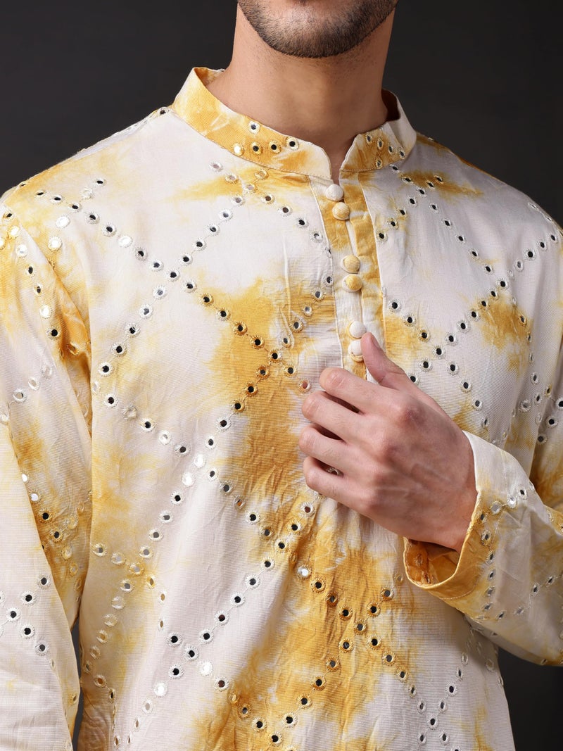 Vardha Men's Viscose Blend Tie-Dye Pattern & Mirror Embroidery | Full Sleeves Regular Fit Kurtas for Mens, Yellow–White Men's Straight Long Kurta - Size S - Image 2