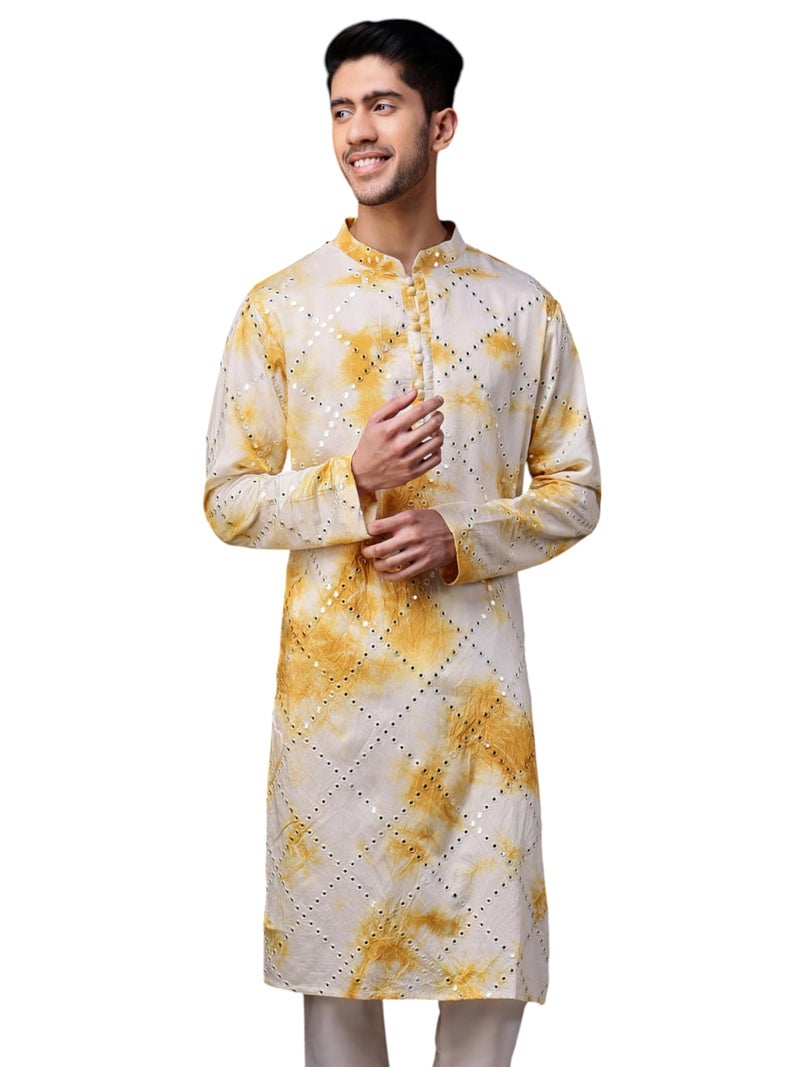 Vardha Men's Viscose Blend Tie-Dye Pattern & Mirror Embroidery | Full Sleeves Regular Fit Kurtas for Mens, Yellow–White Men's Straight Long Kurta - Size S - Image 1