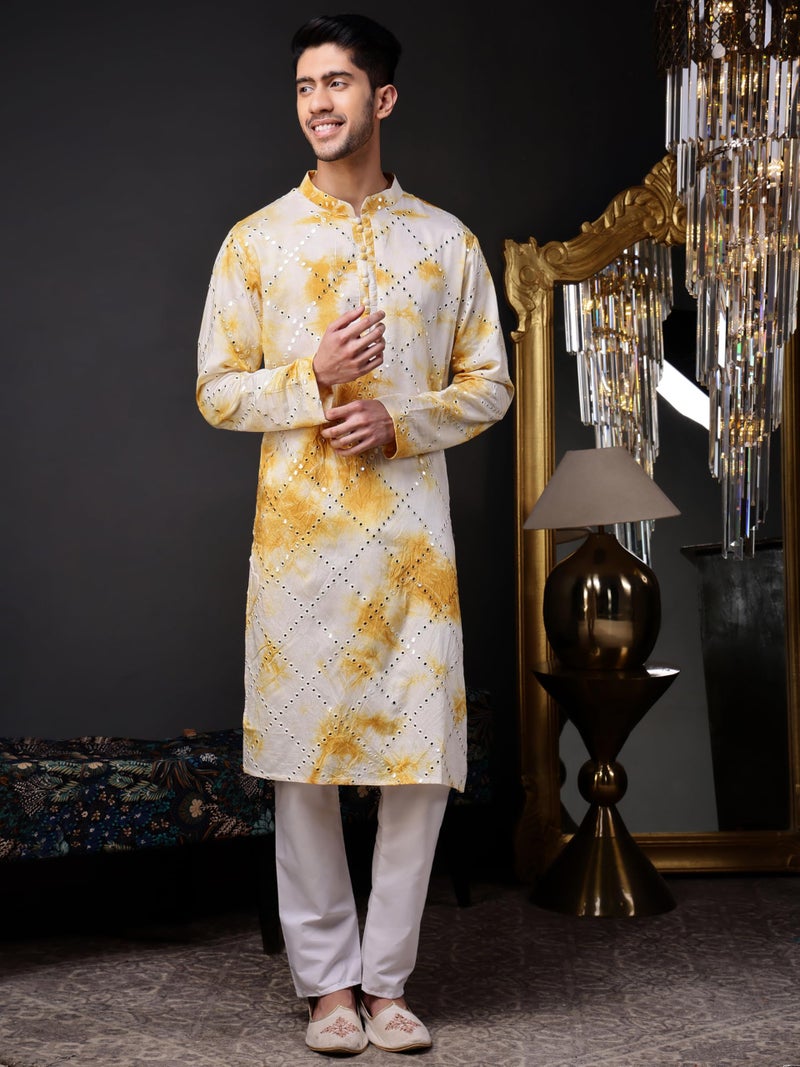 Vardha Men's Viscose Blend Tie-Dye Pattern & Mirror Embroidery | Full Sleeves Regular Fit Kurtas for Mens, Yellow–White Men's Straight Long Kurta - Size S - Image 5