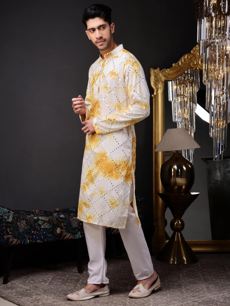 Vardha Men's Viscose Blend Tie-Dye Pattern & Mirror Embroidery | Full Sleeves Regular Fit Kurtas for Mens, Yellow–White Men's Straight Long Kurta - Size S - Image 3