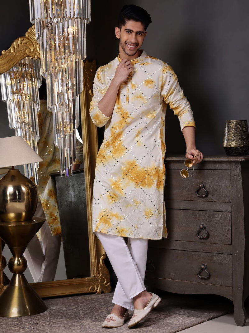 Vardha Men's Viscose Blend Tie-Dye Pattern & Mirror Embroidery | Full Sleeves Regular Fit Kurtas for Mens, Yellow–White Men's Straight Long Kurta - Size S - Image 4