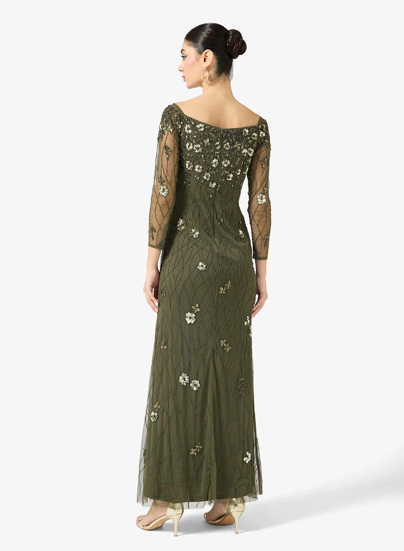 Adrianna Papell Embellished Off Shoulder Maxi Dress