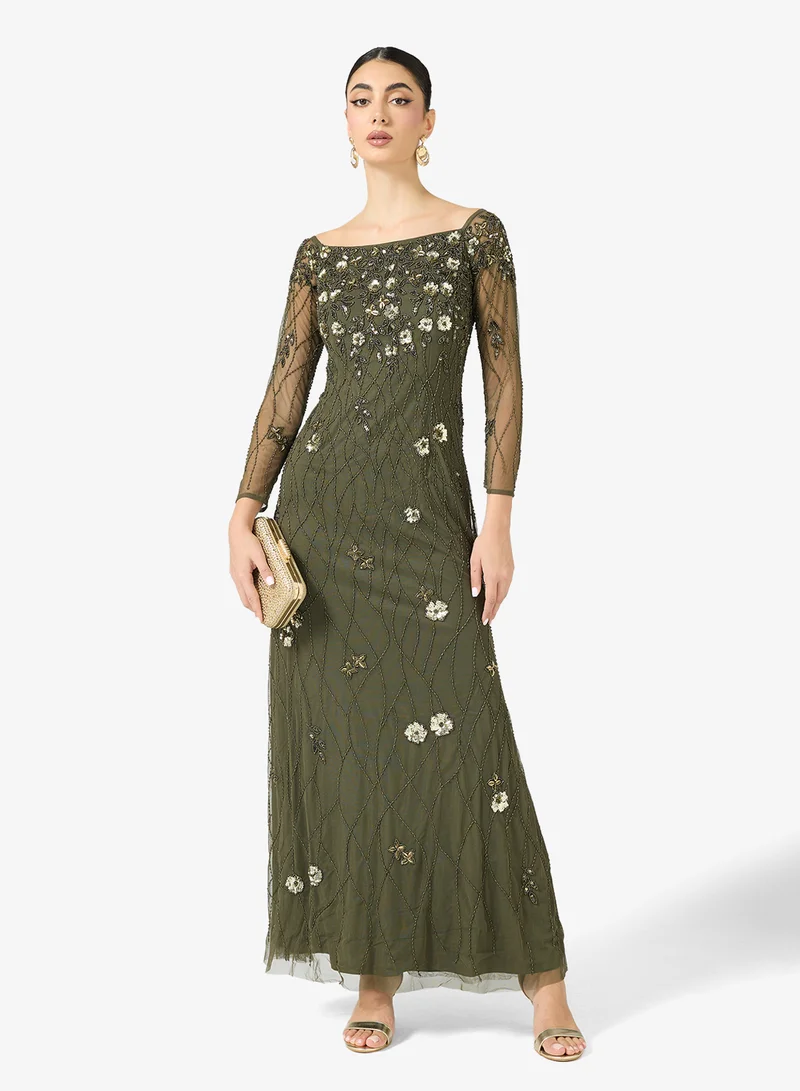 Adrianna Papell Embellished Off Shoulder Maxi Dress