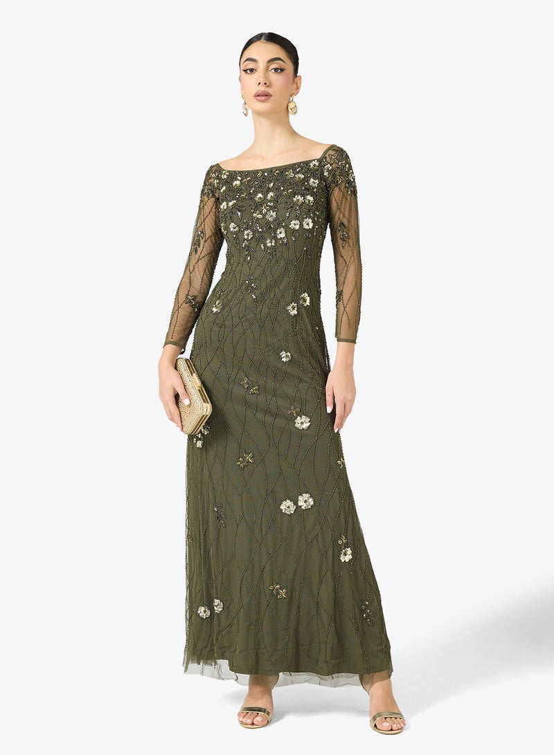 Adrianna Papell Embellished Off Shoulder Maxi Dress - Image 1