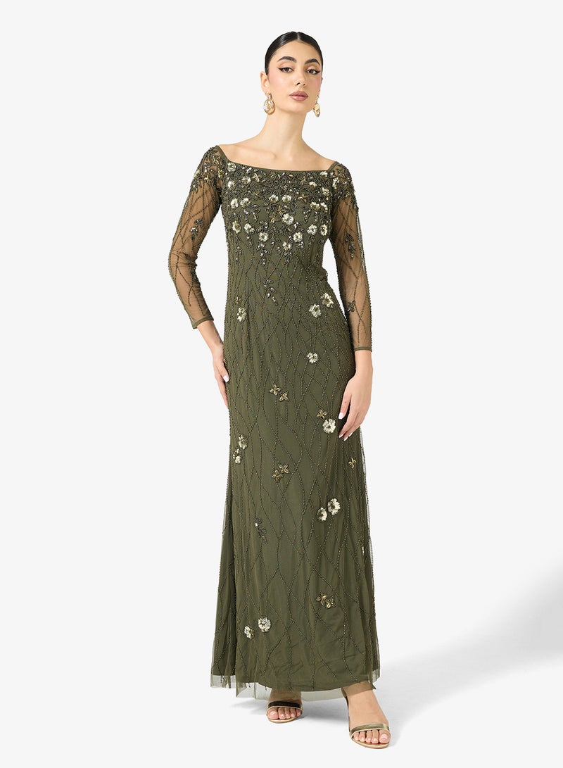 Adrianna Papell Embellished Off Shoulder Maxi Dress - Image 4