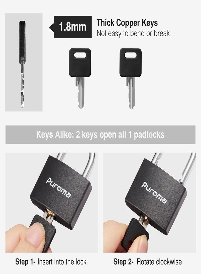 Puroma Lock Keyed Padlock, 1 Pack Aluminum Locks with 2 Keys Alike, 1.1 Inch Locker Lock 43mm Small Padlocks for Gate, Fence, Shed, Toolbox, School Gym Locker (Black) - Image 2