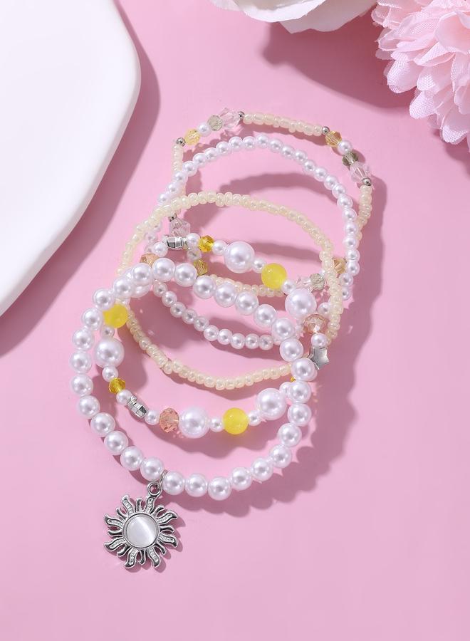 Take Two Pack of 5 - Girls Multi-Color Pearl Beaded Bracelets with Sun Charm - Image 3