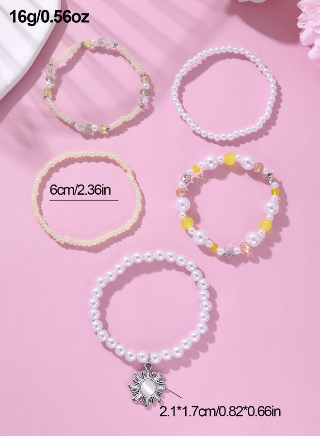 Take Two Pack of 5 - Girls Multi-Color Pearl Beaded Bracelets with Sun Charm - Image 4