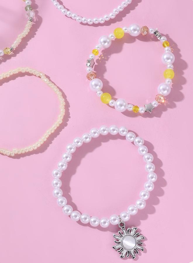 Take Two Pack of 5 - Girls Multi-Color Pearl Beaded Bracelets with Sun Charm - Image 2