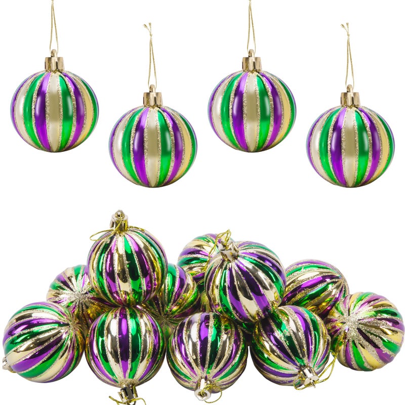 Watayo 12 PCS Mardi Gras Ball Ornaments 2 Inch Mardi Gras Shatterproof Hanging Ornaments for Mardi Gras Holiday Christmas Ornaments New Orleans Party Vertical Striped