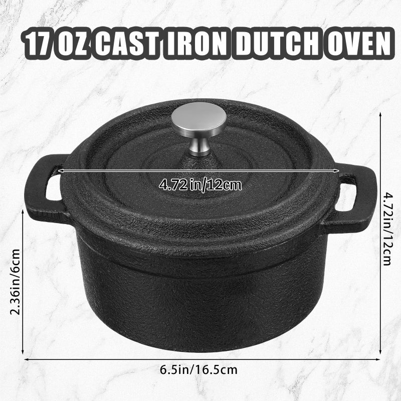 Suttmin 4 Pcs Mini Dutch Oven Small Round Iron Cocotte Black Dutch Oven Pot with Lid and Dual Handles Cast Iron Pot for Stovetop Use Marinate Cook Bake Refrigerate Garlic, Individual Servings(17 oz) - Image 2